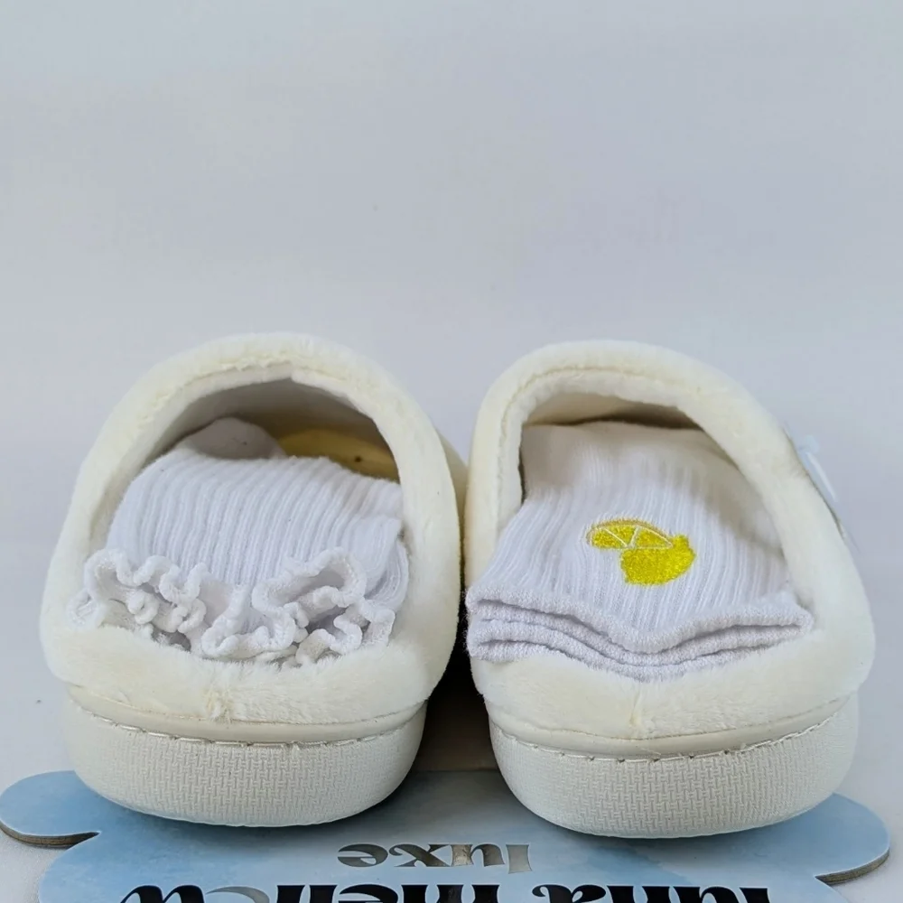 Slippers Lemon Drop Martini Embroidery Faux Fur Slip On Ivory M (6.5-7.5) NWT - Picture 8 of 13